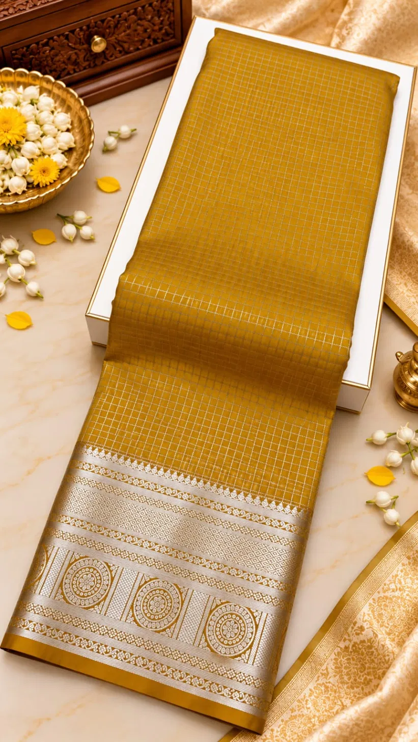 Mustard Yellow Silver Zari Checked Semi Kanchipuram Silk Saree
